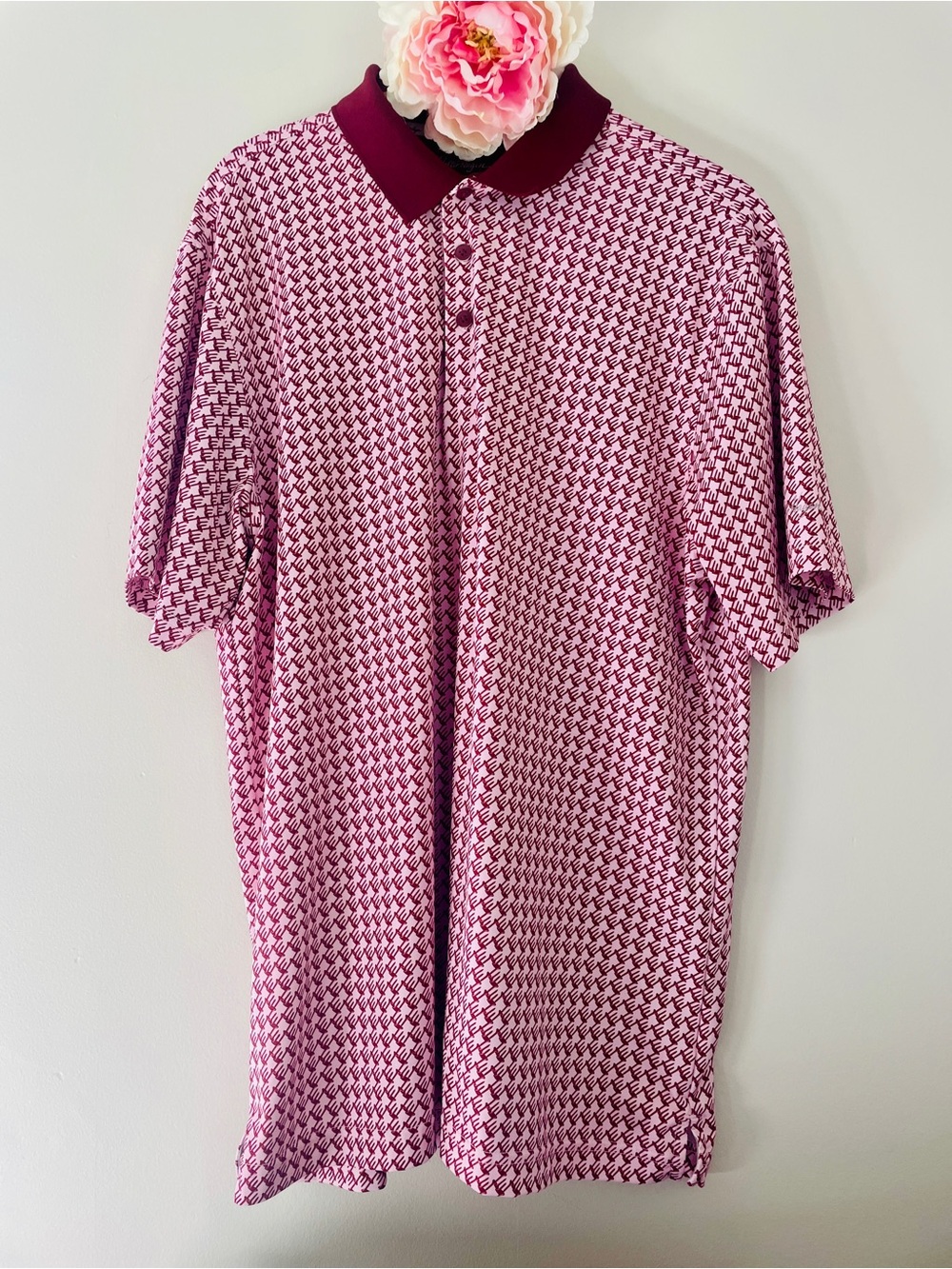 Walter Hagen 11 Men's Pink Maroon Geometric Polo Shirt Golf Short Sleeve Large